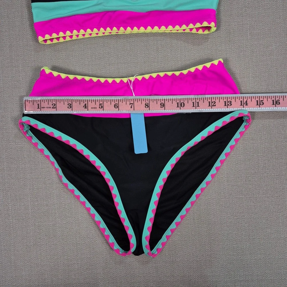 Popvil Womens 3 Piece Bikini Swim Skirt Set Black Pink Colorblock Ric Rac Size S